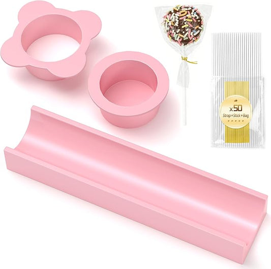 Round Cake Pop Mold Set with 50PCS Sticks Bags Ties,1.75 Inch Cake Pop Cutter and Pusher,Dishwasher Safe Baking Molds for Birthday Wedding Kids Party Desserts-Pink