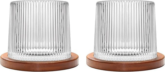 Rotatable Old Fashioned Glass Cup, 275ml/10oz Crystal Whiskey Glass Set of 2, Wood Coaster, Thickening, Used as Rum Glass Cup, Cocktail, Coffee, Milk to Relax and Reduce Stress, Christmas gifts