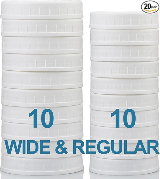 AOZITA 10 WIDE Mouth & 10 REGULAR Mouth Mason Jar Lids - 20 Pack Food Grade Plastic Mason Jar Caps for Ball, Kerr and More Canning Jars - Leakproof & Dishwasher Safe - White