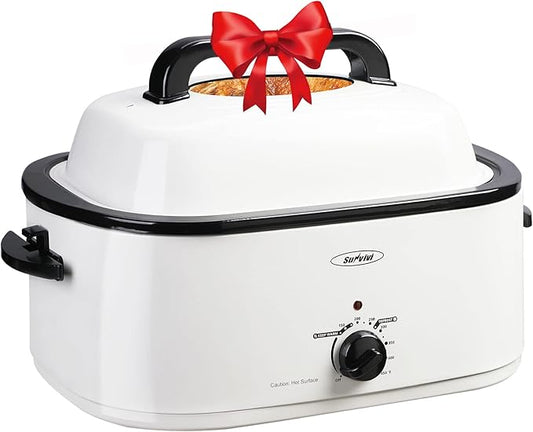 Sunvivi 26-Quart Roaster Oven, Electric Roaster Oven with Viewing Lid, Sunvivi Turkey Roaster with Unique Defrost/Warm Function, Large Roaster with with Removable Pan & Rack, Stainless Steel, White