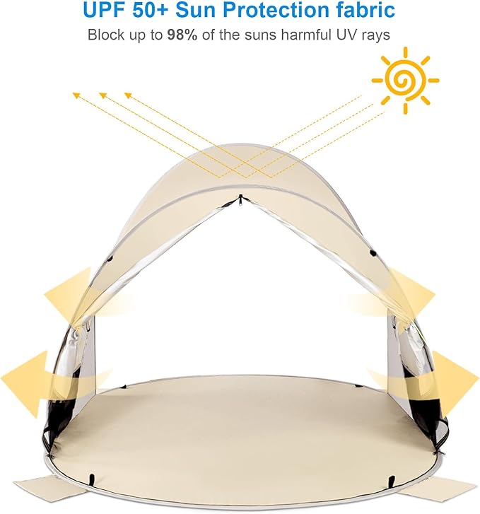 WolfWise UPF 50+ Easy Pop Up 3-4 Person Beach Tent Sport Umbrella Instant Sun Shelter Tent Sun Shade Canopy, Beige