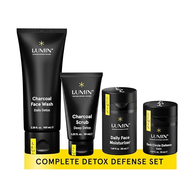 Lumin 4 Piece Men Skincare Set with Charcoal Face Wash, Deep Scrub, Daily Moisturizer & Dark Circle Defense Balm, Helps Detoxing & Hydrating, for All Skin Types