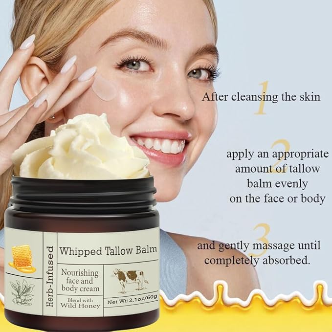 URQT Beef Tallow for Skin - Organic Grass-Fed Whipped Beef Tallow and Honey Balm - Deeply Moisturizing for Face & Body - Natural Skin Care for Soft, Supple Skin
