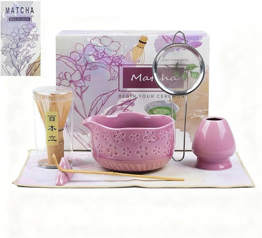 Matcha Set–7-Piece Set Including Matcha Bowl with Spout, Whisk, Chasen Holder, Sifter, Bamboo Scoop with Stand, wood spoon(Cherry Blossom Purple)–Perfect for Matcha Lovers&Tea Ceremonies