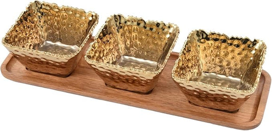 ampa Bay Gold Porcelain Entertaining Set, 3 Square Snack Bowls with Wood Tray