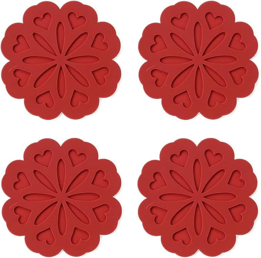 Set of 4 Silicone Trivet Mat - Hot Pot Holder Pads for Table & Countertop - Non-Slip & Heat Resistant Modern Kitchen Trivet for Dishes, Pots & Pans, Merlot Red