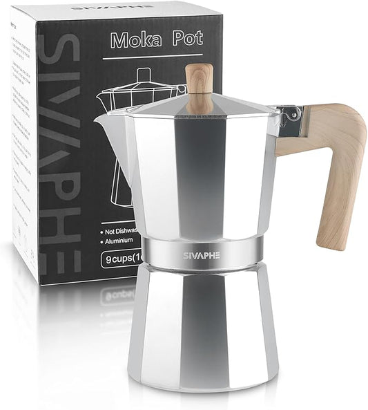 Sivaphe Aluminum Moka Pot 9 Espresso Cups, Percolator Espresso and Coffee Maker, Portable Stovetop Italian and Cuban Café Brewer for Home and Camping Sliver