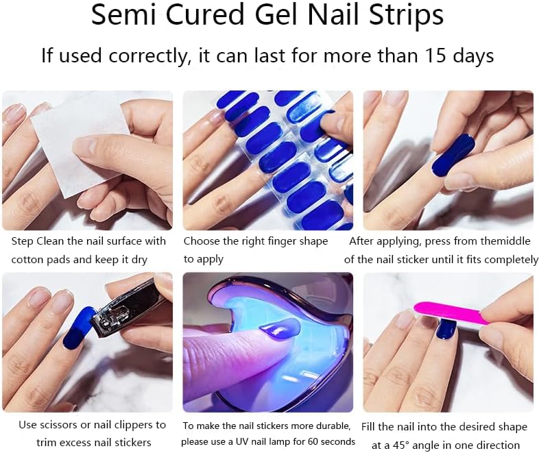 Semi Cured Gel Nail Strips with Purple and white Glitter Designs Gel nail stickers Glossy Nail strips Salon Quality & Easy to Use 20 Pcs for Women