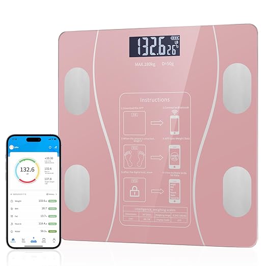 Smart Body Fat Scale with Led Display - Digital Bathroom Scale with Bluetooth, Accurate Body Composition Measurement, Muscle Mass, BMI, and Body Water Analysis - Pink