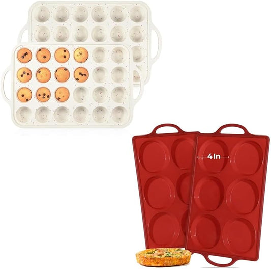 CAKETIME Metal Reinforced Frame Silicone Cupcake Pans-24 Cups 2Pcs & 4 Inch Metal Frame Round Egg Baking Pan 2Pcs