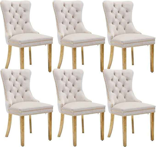Beige Velvet Dining Chairs Set of 6, Upholstered Dining Room Chairs with Back Ring Pull Trim and Golden Stainless Steel Legs,Modern Kitchen Chairs for Dining Room,Living Room,Kitchen(Beige)