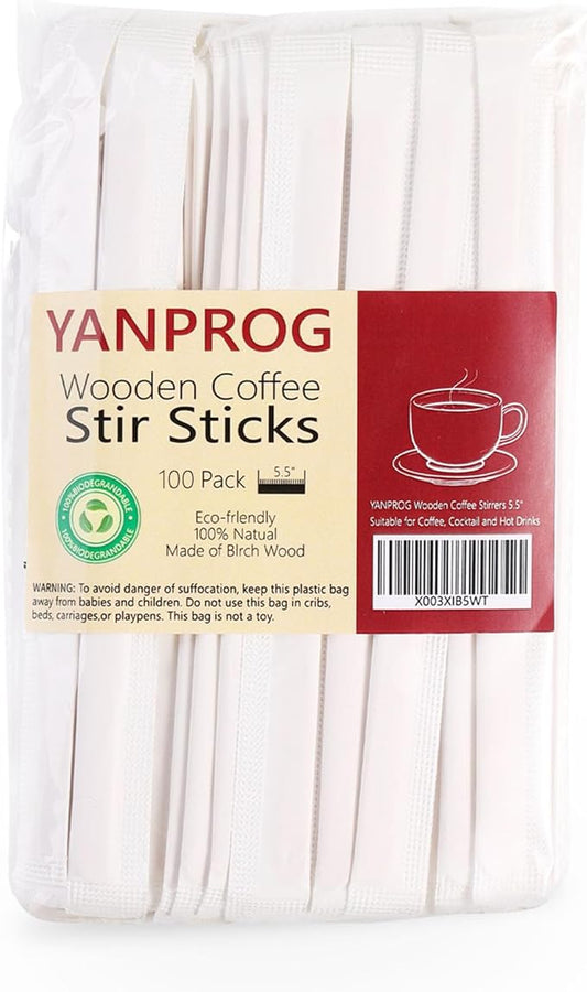 Wooden Coffee Stirrers Individually Wrapped 5.5" Coffee Stir Sticks 100 Pcs, Natural Birch Round End Thick Birch Wood Eco-Friendly Suitable for Coffee, Cocktail and Hot Drinks