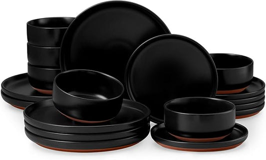 E-far 18-Piece Stoneware Plates and Bowls Sets, Dinnerware Sets for 6, Ceramic Dishware Dishes Set with Terracotta Base, Chip & Scratch Resistant, Microwave & Dishwasher Safe, Matte Black
