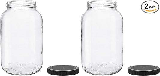 North Mountain Supply 1 Gallon Glass Jar Wide Mouth with Black Plastic Lid - USDA, BPA-Free, Made in the USA - for Fermenting, Storing, Canning, and Much More! (Pack of 2)