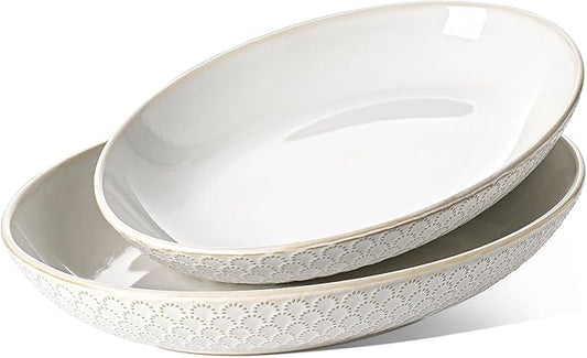 LE TAUCI Ceramic Serving Bowls Set of 2, Large Oval Serving Dishes for Entertaining, 11.8 & 13.7 Inch Salad Bowl for Kitchen Counter, Fruit Bowl, Pasta Bowls, Microwave and Dishwasher Safe - White