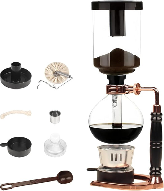 Portable Siphon Coffee Maker, Tabletop Glass Siphon Coffee Pot 5-Cup (600ml) with Alcohol Burner, Adjustable Buffer Clamp, Stainless Steel Bracket Base for Coffee Aficionados