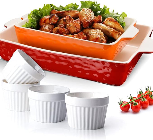 Ceramic Baking Dish and Ramekins Set Casserole Dish with Handles Packaging Upgrade Nonstick Ceramic Bakeware Ramekins Bowls for Baking Souffle, Cooking, Cakes, Lasagna & Gift, Red