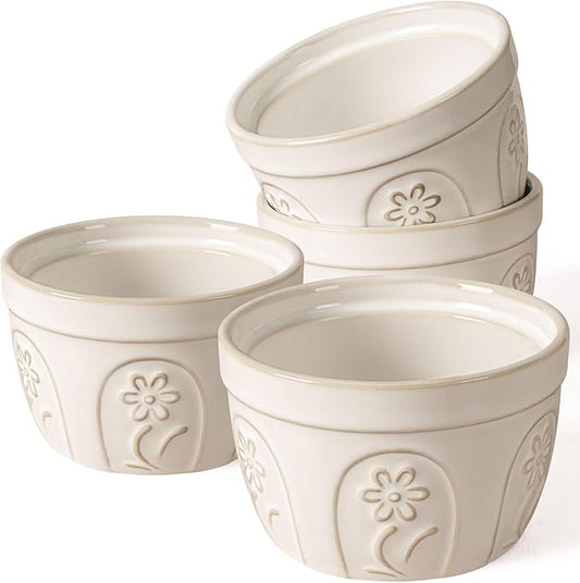 Artena Ramekins Oven Safe, Creme Brulee Ramekins, Embossed White Ceramic Ramiken, Souffle Pudding Custard Cups, Baking Dish, Dipping Bowls, Sauce Cups, Set Of 4 (Pinwheel Flower, 8 oz)