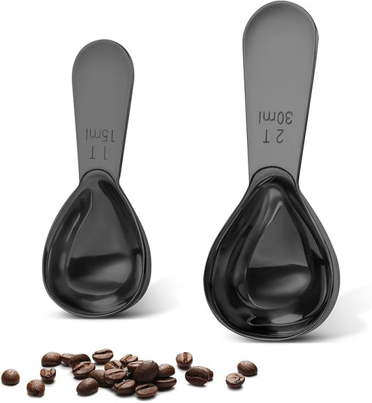 Safring Stainless steel coffee scoop 2-piece set (1 tbsp, 2 tbsp) durable Tablespoon, ergonomic measuring spoon, Suitable for small and large jars，short-handled spoon (Black)