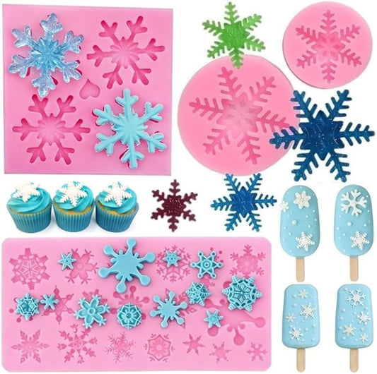 4 Pieces 3D Snowflake Silicone Mold Winter Snowflake Fondant Silicone Mold for Cake Cupcake Decoration Polymer Clay Crafting Projects