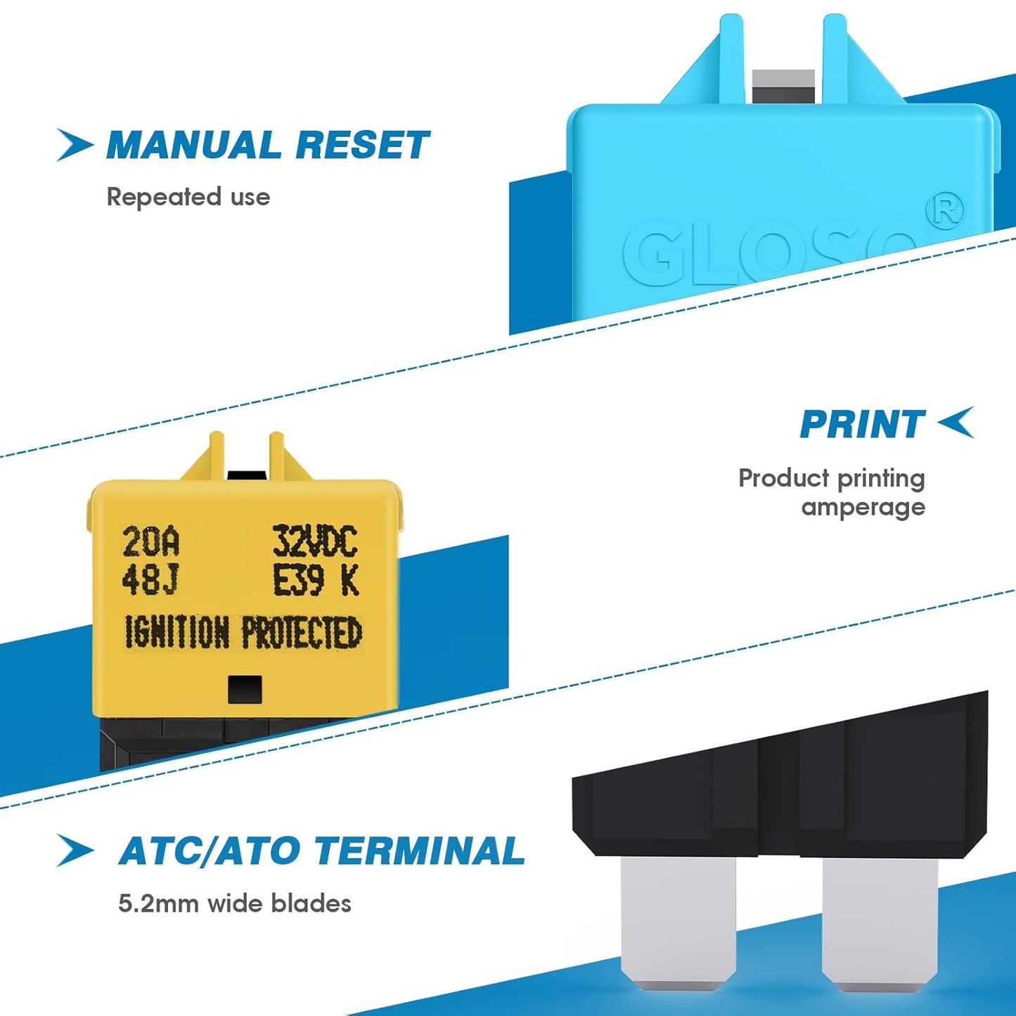 GLOSO Circuit Breaker Blade Fuse E39 (T3) Manual Reset Fuse For Car Truck RV Automotive Marine Boat Trolling motor & Custom Wiring Audio battery protection/Low Profile ATC/ATO (30A - 1 Pack)