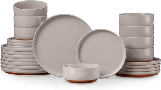 E-far 24-Piece Ceramic Dinnerware Sets, Plates and Bowls Sets for 8, Stoneware Dishware Dishes Set with Terracotta Base, Chip & Scratch Resistant, Microwave & Dishwasher Safe, Speckled Khaki