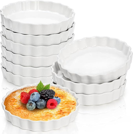 Foraineam 10 Pack 8 oz Creme Brulee Ramekins, 6 Inch Round Fluted Quiche Dishes, Porcelain Pie Pan Shallow Baking Dish Oven Safe for Baking Souffle, Apple Pie, Quiche, Tart