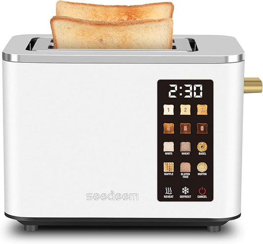 SEEDEEM Toaster 2 Slice, Touch Control Screen, Smart Stainless Toaster, 6 Shade Setting, 6 Bread Selection, Countdown, Removable Crumb Tray, 900W, Pearl White