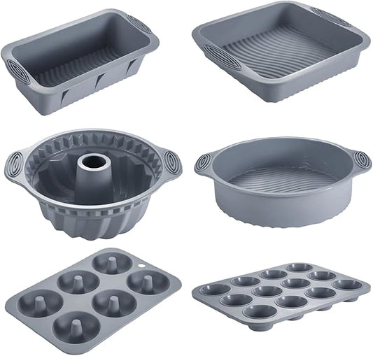 Nonstick Silicone Bakeware Set, 6 set Baking Cake Pan, Economical BPA Free Heat Resistant Bakeware Tools for DIY Loaf Bread Cheesecake Pizza Cupcake Muffin (Gray)