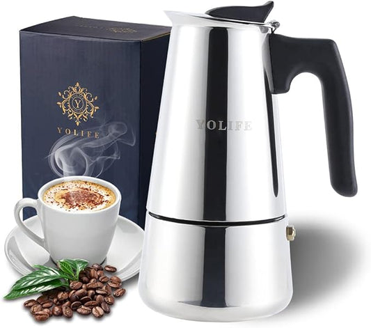 YOLIFE Mini Stovetop Espresso Maker, Induction Small Moka Pot for Italian Coffee, Cappuccino and Latte, Stainless Steel,4 Espresso Cup (1 Cup= 50ml) (200ml / 7oz)