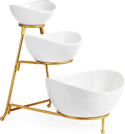 LAUCHUH 3 Tier Serving Stand Serving Dishes for Entertaining Porcelain Oval Bowl Set Tiered Serving Tray for Fruit, Vegetable, Nuts, Salad, Chip Dip Bowl Set for Easter, Mother's Day, Gold