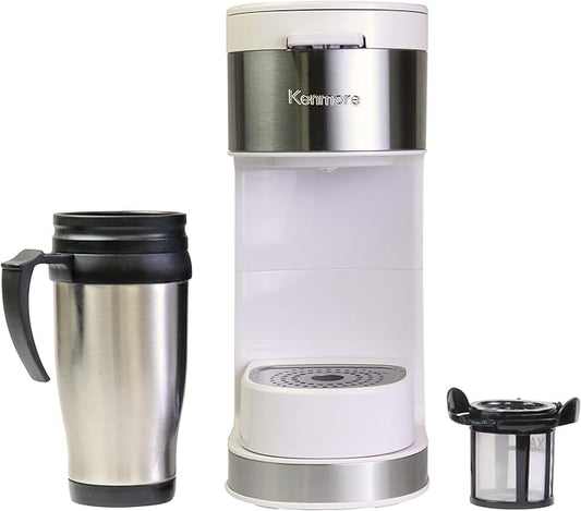 Kenmore Single Serve Coffee Maker – Compatible with Keurig K‑Cup Pods & Ground Coffee, One Cup Brewer, 6–12 Oz Brew Sizes, Travel Mug Friendly, Auto Shut‑Off, Hot & Iced Maquina de cafe, White