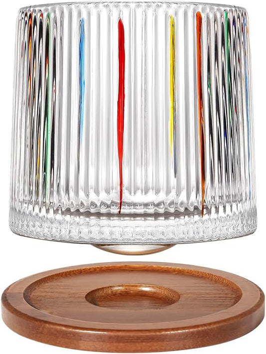 Rotatable Old Fashioned Glass Cup, 275ml/10oz Crystal Whiskey Glass, Wood Coaster, Thickening, Used as Rum Glass, Cocktail Cup, Coffee, Milk to Relax and Reduce Stress, Ideal Gift