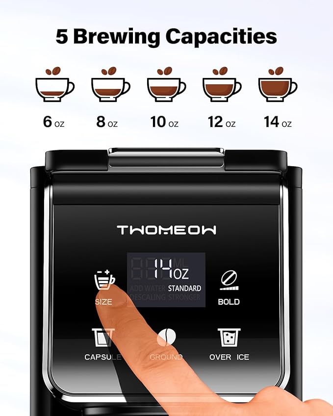 Coffee Maker Hot & Iced With Bold Setting,Single Serve Coffee Maker For K Cup And Grounds,52 Oz Removable Water Tank,6-14 Oz Brew Sizes,One Cup Kcup Coffee Machine With Reusable Filter,(Black)