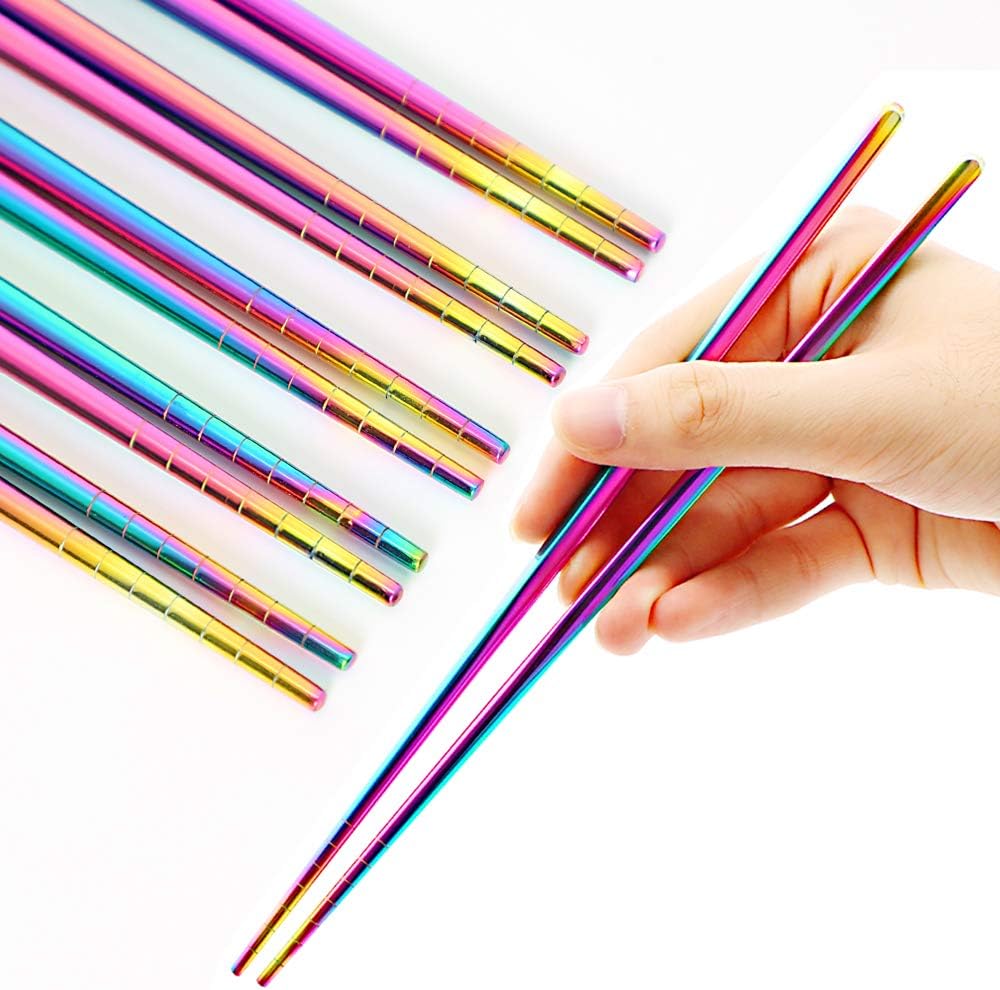 Stainless Steel Chopsticks Reusable Multicolor Lightweight 304 Metal Chopsticks Dishwasher Safe - 5 Pairs (Rainbow)
