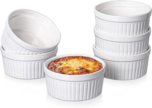 DELLING Ramekins 12 Oz Oven Safe Set of 6, Porcelain Souffle Dish for Baking - Creme Brulee Bowls for French Onion Soup Lava Cake Pudding, Stackable, White