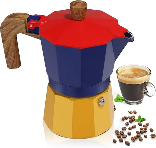 Aluminum 3 Cup 150ml Moka Pot Express Coffee Maker Stovetop Espresso Colorful Coffeemaker Italian Classic Style Brewing Greca Cafe Mocha Machine for Cafeteras Lover Camping Travel and Home Use 5oz