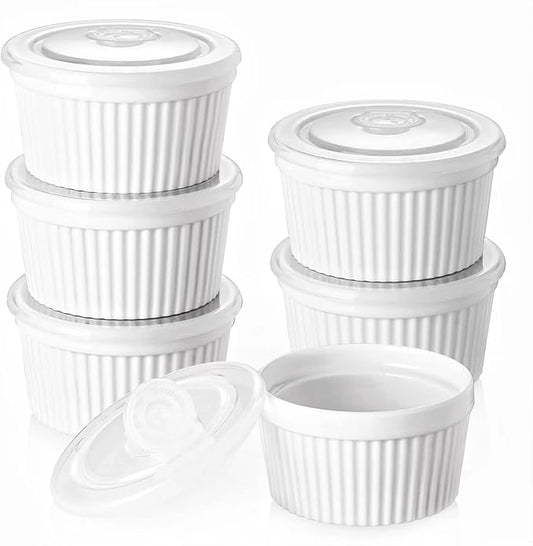 DOWAN Ramekins with Lids 4 oz Oven Safe, Creme brulee Souffle Dishes Ramekins with Covers, Porcelain Small Bowls for Baking Custard Cups, Set of 6, White