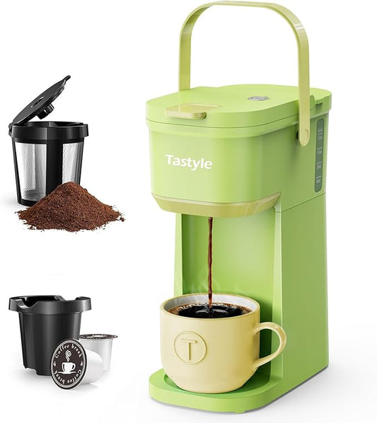 Tastyle Single Serve One Cup Coffee Maker, for K Cups and Grounds, Mini Coffee Maker with Portable Handle, 6 to 12 Oz Brew Size, for Travel, Camping, Office, RV and Dorm, 120V, Lime Green