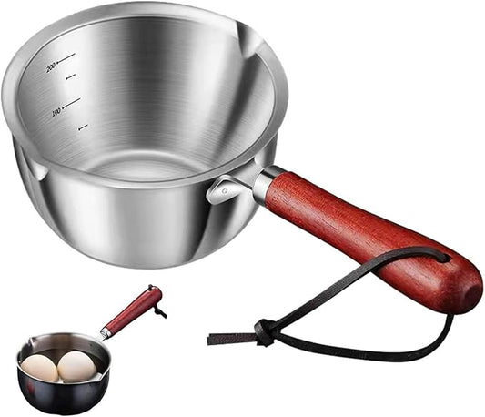 Butter Warmer Pot, Small Cast Iron Basting Pot With Wooden Handle Stainless Steel Multi Purpose Cooking Pot for Milk, Coffee(300mL)