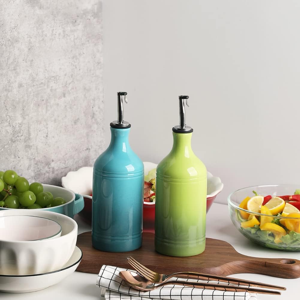 Sweejar Ceramic Olive Oil Dispenser Bottle, Opaque Oil Cruet Protects Oil to Reduce Oxidation, Suitable for Oil, Vinegar, Coffee Syrups & Other Liquids, Pack of 1, 15.5 Fl Oz (Gradient Blue)