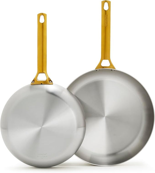 GreenPan Stainless Steel Tri-Ply Reserve 10” and 12” Frying Pan Skillet Set, Multiclad Cookware, Induction, Oven & Broiler Safe to 600°F, Heat Responsive Core, Dishwasher Safe, Gold Handles
