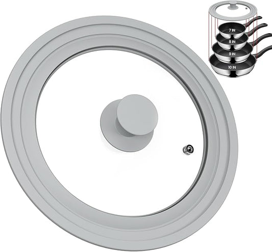 TOPULORS Universal Lid for Pots, Pans, and Skillets - Tempered Glass Lid with Silicone Rim Fits 8", 9", 9.5" Inner Diameter Cookware Frying Pan Cover Replacement Lid - Dishwasher Safe, Grey