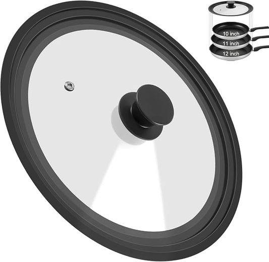 Universal Lid for Pots, Pans and Skillets - Tempered Glass Lid with Heat Resistant Silicone Rim Fits 10", 11", 12" Diameter Cookware, Replacement Lid for Frying Pan & Cast Iron Skillet