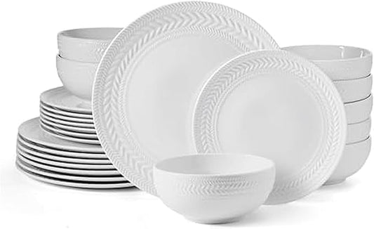 Pfaltzgraff Josephine 24-Piece Dinnerware Set, Porcelain Dish Set with Embossed Basket Weave Design, Service for 8, White Plates and Bowls Sets, Microwave and Dishwasher Safe