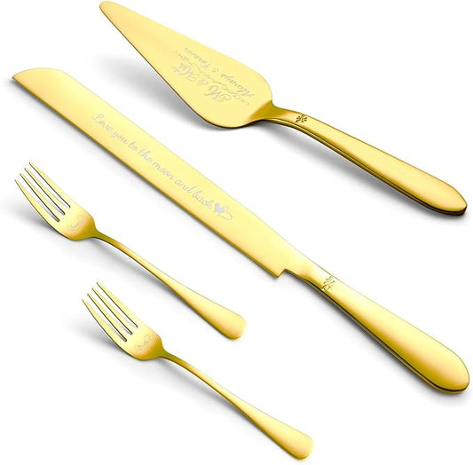 Eisinly Cake Cutting Set for Wedding, Elegant Cake Knife and Server Set with Stainless Steel Forks, Cake Cutter and Pie Spatula for Engagements, Anniversary, Bride and Groom, 4Pcs, Gold