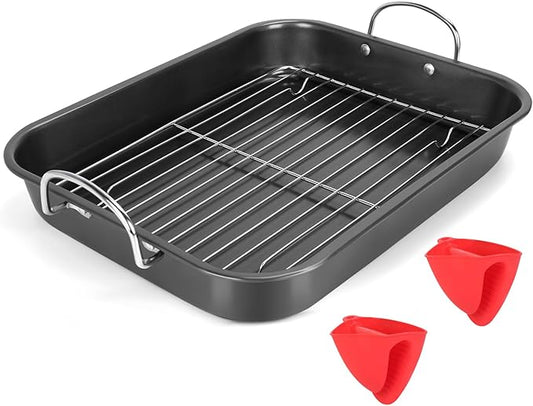 Nonstick Roasting Pan with Rack, 14.5x11.4’’ Baking Pan for Oven with Rack & Silicon Hand Clip, Heavy Duty Dishwasher Safe Rectangular Lasagna Pan with Handle for Turkey Chicken, Dark Grey