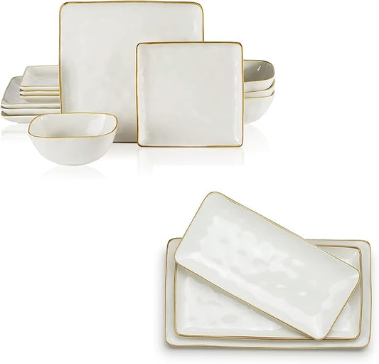 famiware 3 Pcs Rectangular Serving Platter and Dinnerware Set for 4 (12Pcs), Vanilla White