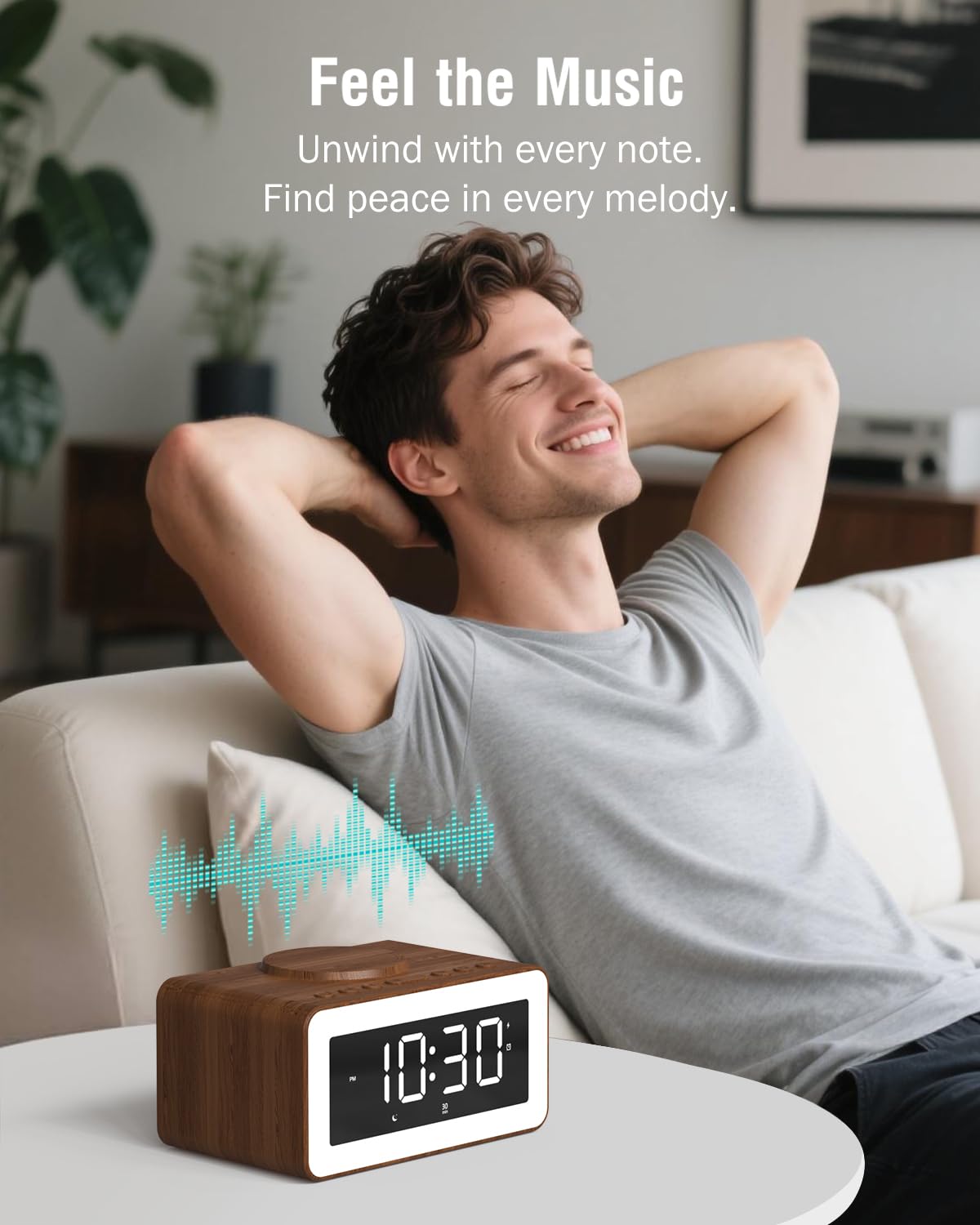 Alarm Clock with Wireless Charging, White/Brown Noise Sound Machine, Bluetooth Speaker Night Light, Wooden Digital Alarm Clocks for Bedrooms,Wireless Charger for iPhone, Birthday Gifts for Men Women