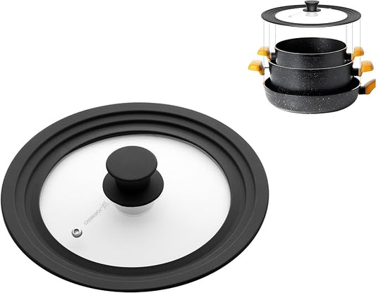 LSR Loreso Universal Pan Lid for Pots Pans and Skillets 7.5-9.5 Inch - Tempered Glass Pot Lid with Auto-Sizing Silicone Rim - Black